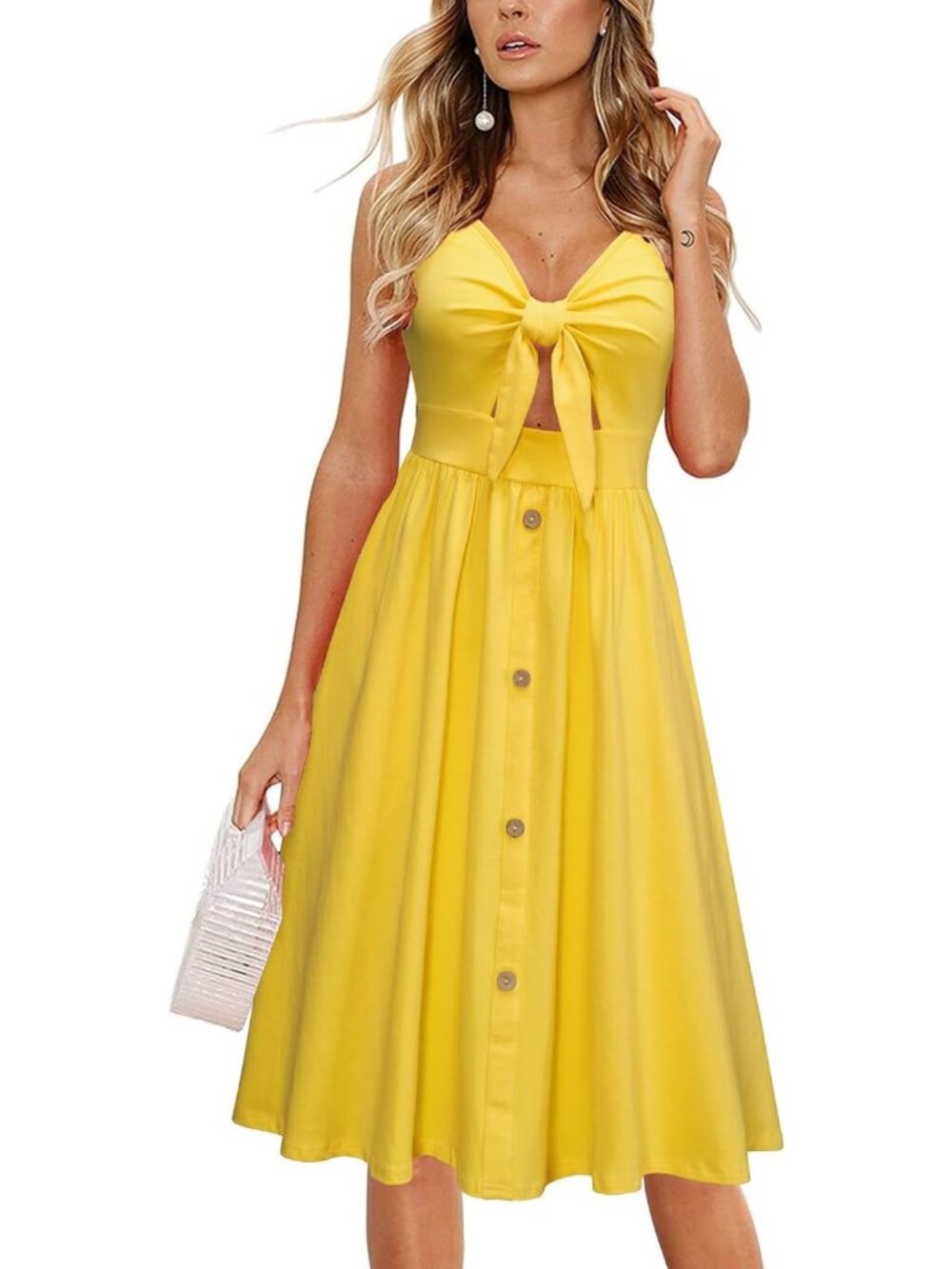 Women's Yellow Floral Beach Sundress V Neck Tie Knot Front Spaghetti Strap Mini